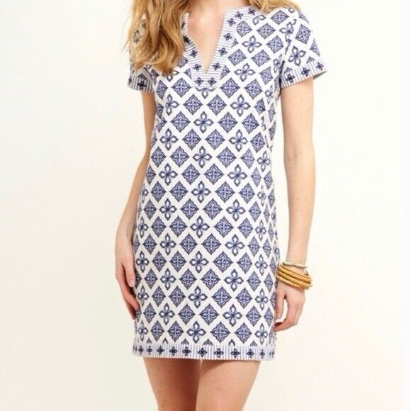 Vineyard Vines Short Sleeve Dress Size 0 Linen Blend Blue White  Knee Length - Picture 1 of 4